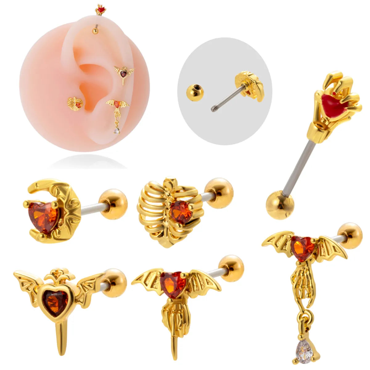 1 Piece Vintage Style Bat Plating Inlay Stainless Steel Zircon 18k Gold Plated Ear Studs