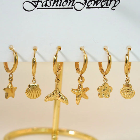 1 Piece Vintage Style Classic Style Star Shell Fish Tail Plating Inlay 304 Stainless Steel Agate Shell Zircon 14K Gold Plated Drop Earrings