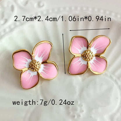 1 Set 1 Pair Elegant Lady Footprint Flower Enamel Plating 304 Stainless Steel 14K Gold Plated Ear Studs