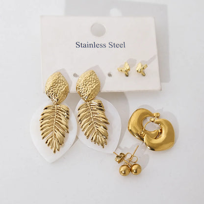 1 Set 1 Pair Elegant Vintage Style Vacation Leaves Butterfly Plating 304 Stainless Steel 14K Gold Plated Drop Earrings Ear Studs