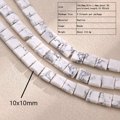 3 Strands/Package 10*10mm Hole 1~1.9mm Natural Stone Howlite Marble Square Polished Beads