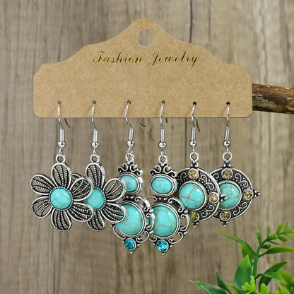 1 Set Casual Ethnic Style Geometric Inlay Alloy Turquoise Rhinestones Drop Earrings