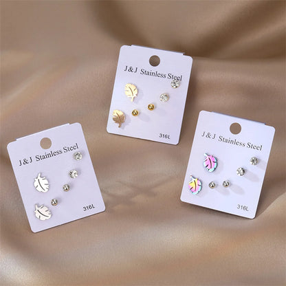 1 Set Casual Leaves Stainless Steel Plating Inlay Zircon Ear Studs