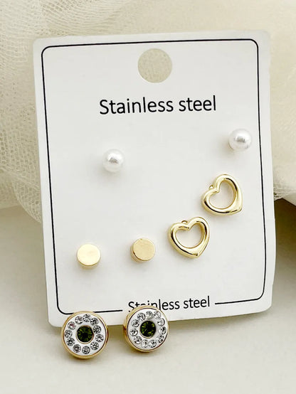 1 Set Casual Simple Style Commute Heart Shape Beetles Eye Enamel Plating Inlay Stainless Steel Artificial Pearls Zircon Gold Plated Ear Studs