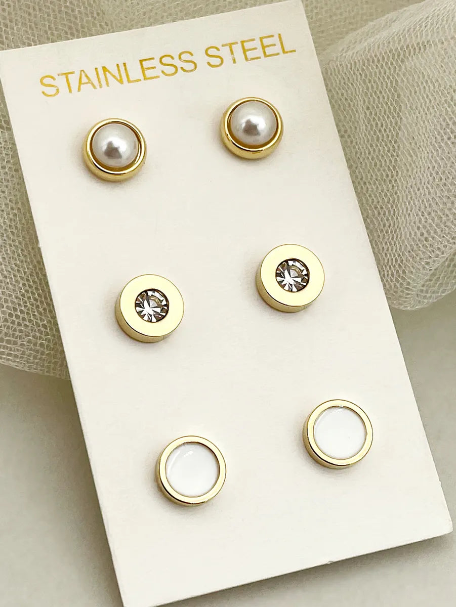 1 Set Casual Simple Style Commute Heart Shape Beetles Eye Enamel Plating Inlay Stainless Steel Artificial Pearls Zircon Gold Plated Ear Studs