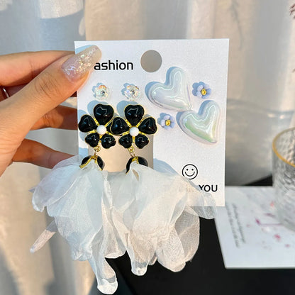 1 Set Casual Simple Style Heart Shape Flower Handmade Cloth Drop Earrings Ear Studs