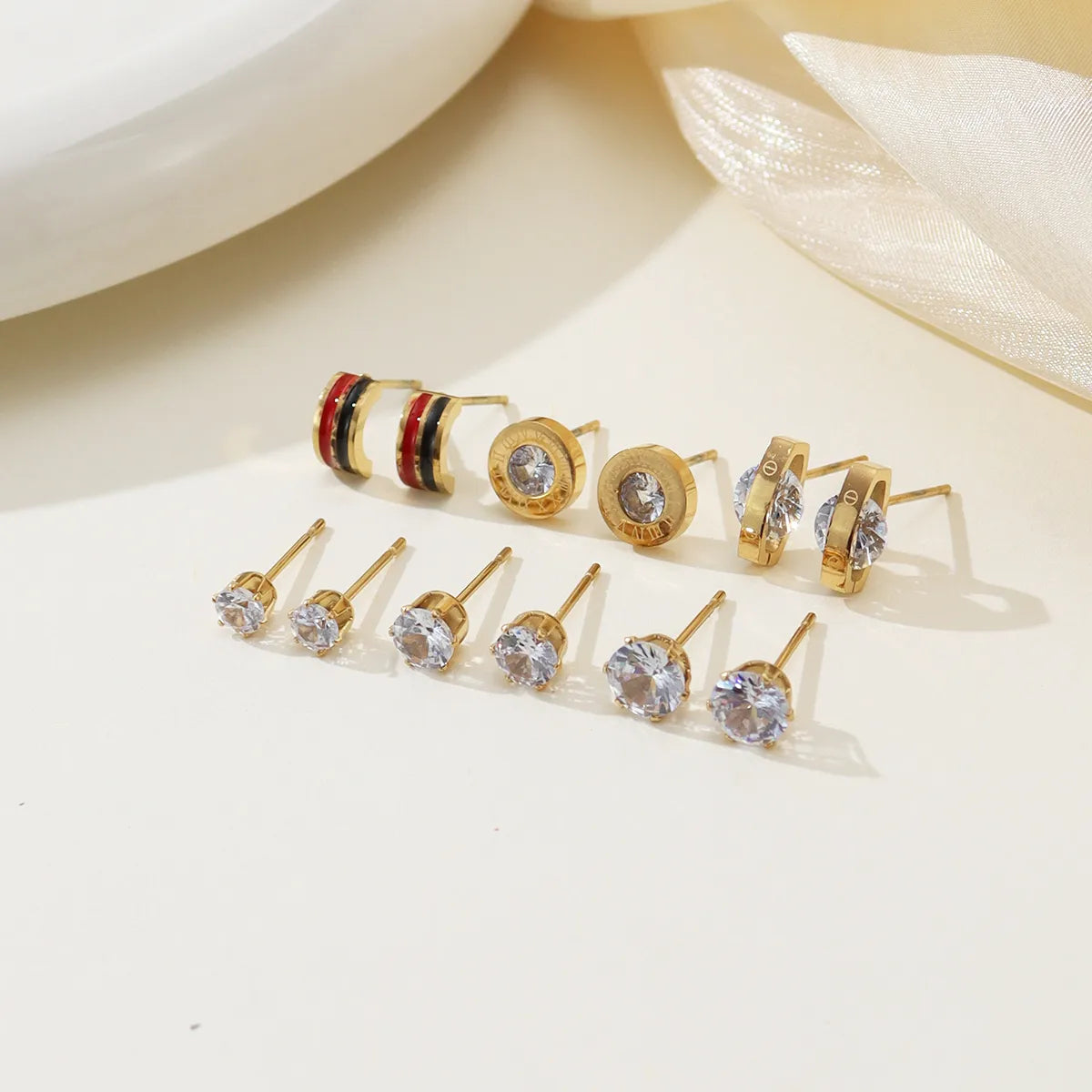 1 Set Casual Simple Style Round Enamel Inlay 304 Stainless Steel Zircon Ear Studs