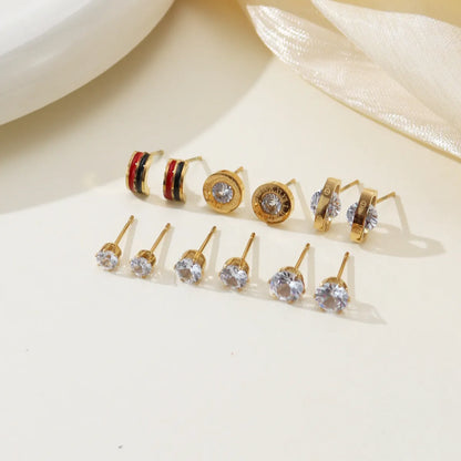 1 Set Casual Simple Style Round Enamel Inlay 304 Stainless Steel Zircon Ear Studs