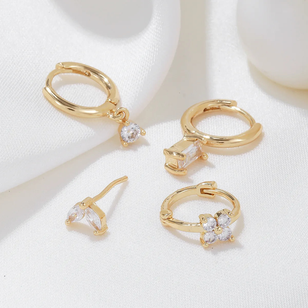 1 Set Casual Simple Style Round Square Flower Plating Inlay Brass Zircon 18k Gold Plated Earrings