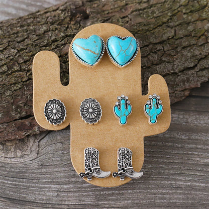 1 Set Cowboy Style Classic Style Cactus Heart Shape Boots Plating Inlay Zinc Alloy Turquoise Ear Studs