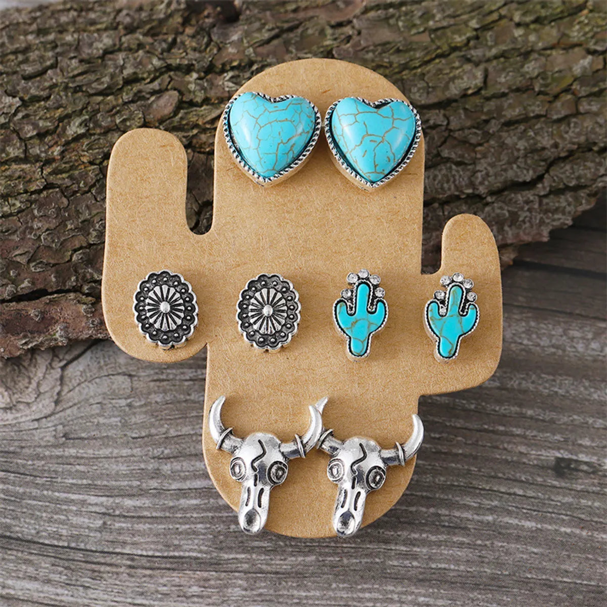 1 Set Cowboy Style Classic Style Cactus Heart Shape Boots Plating Inlay Zinc Alloy Turquoise Ear Studs