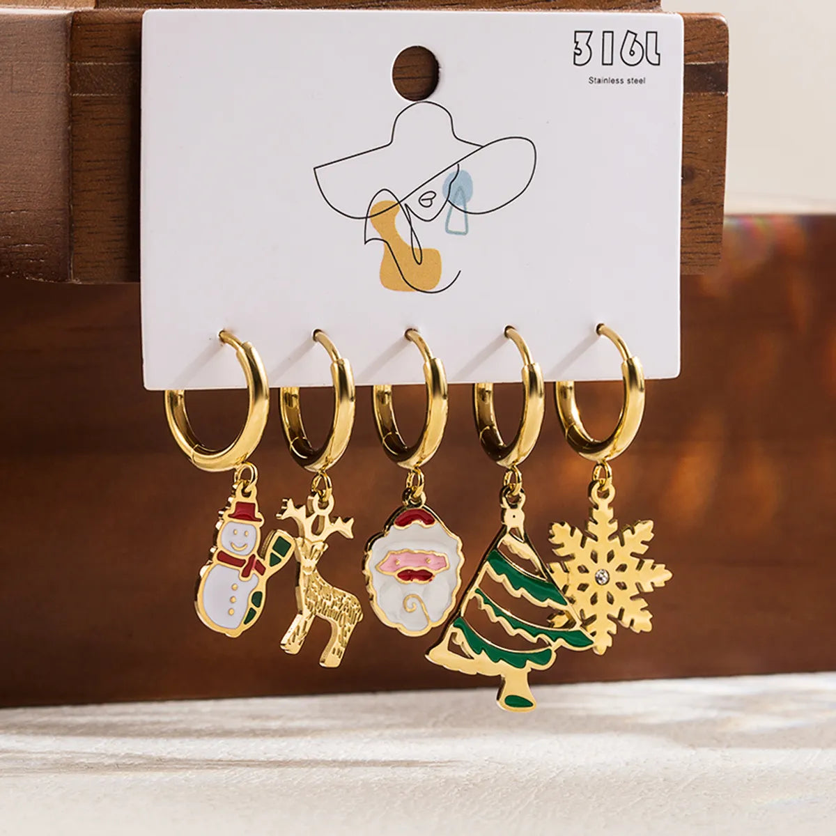 1 Set Cute Classic Style Christmas Tree Santa Claus Snowman Enamel Plating Stainless Steel 14k Gold Plated Drop Earrings