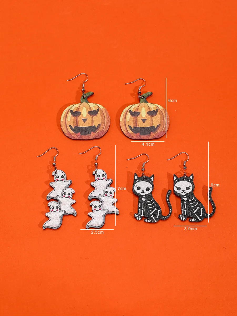 1 Set Cute Hip-Hop Funny Pumpkin Ghost Cat Wood Iron Drop Earrings