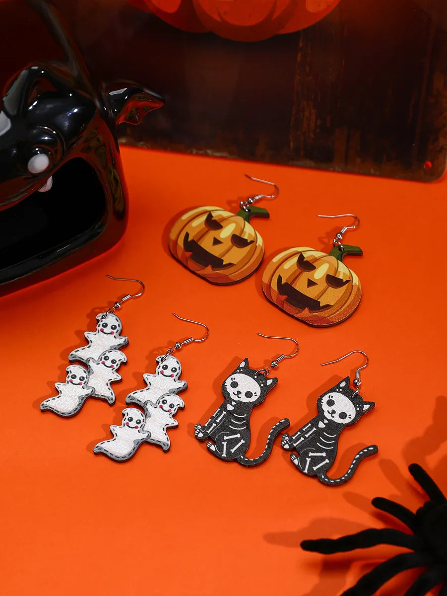 1 Set Cute Hip-Hop Funny Pumpkin Ghost Cat Wood Iron Drop Earrings