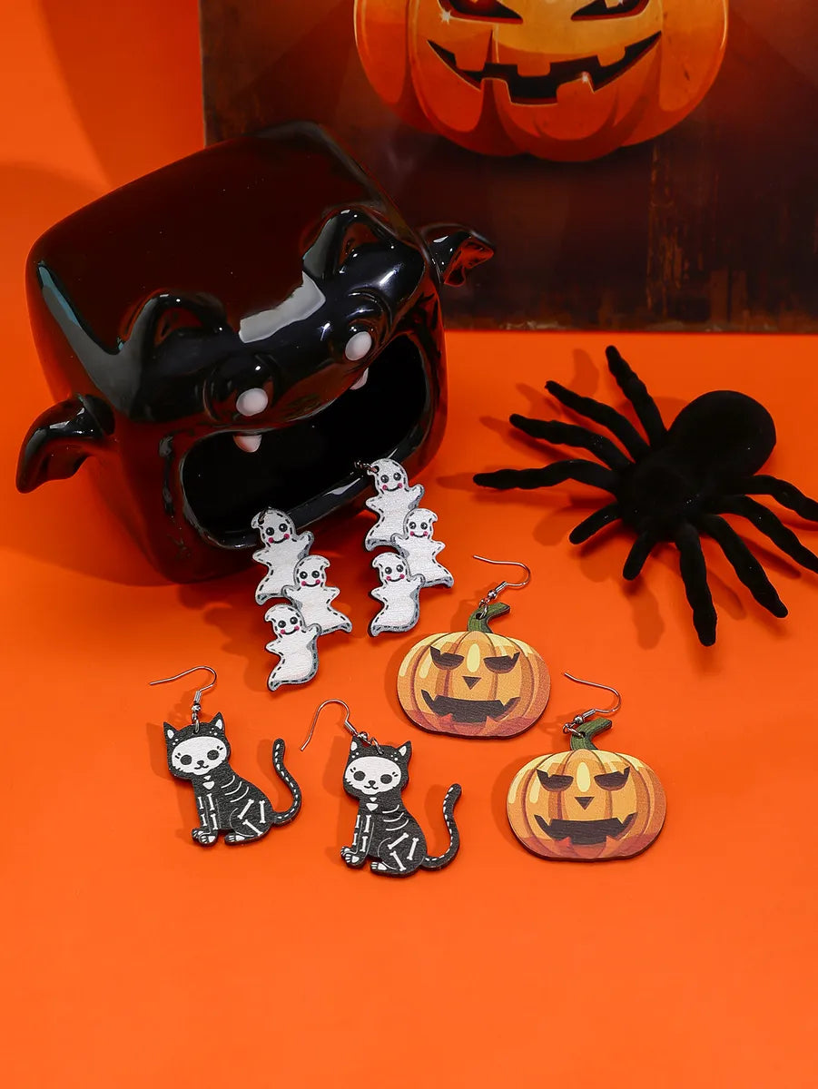 1 Set Cute Hip-Hop Funny Pumpkin Ghost Cat Wood Iron Drop Earrings