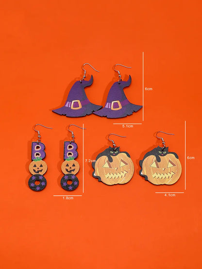 1 Set Cute Hip-Hop Funny Pumpkin Ghost Cat Wood Iron Drop Earrings