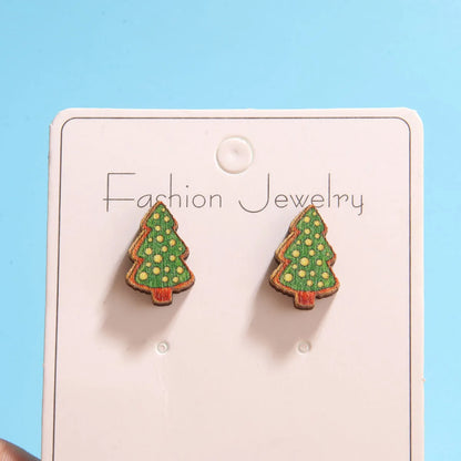 1 Set Cute Simple Style Christmas Tree Santa Claus Sock Printing Wood Ear Studs