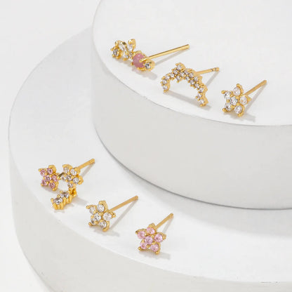 1 Set Cute Sweet Flower Plating Inlay Brass Zircon 18k Gold Plated Silver Plated Drop Earrings