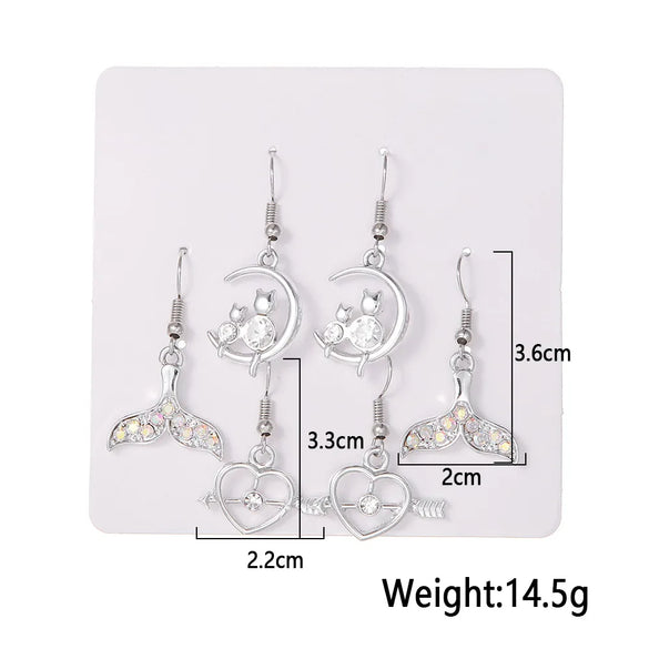 1 Set Cute Sweet Heart Shape Butterfly Fish Tail Alloy Rhinestones Ear Hook