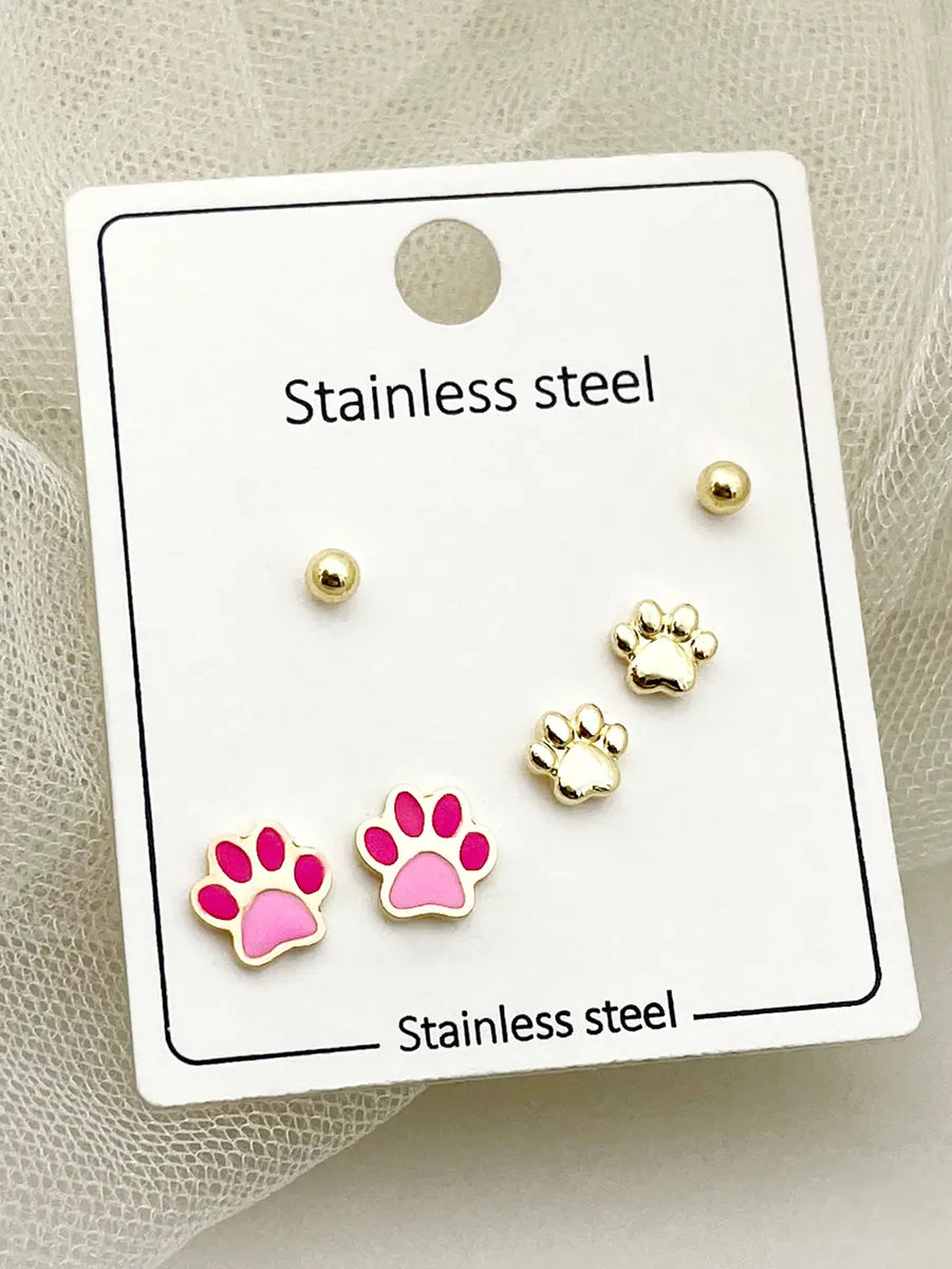 1 Set Cute Sweet Lips Star Paw Print Enamel Plating Inlay Stainless Steel Artificial Pearls Gold Plated Ear Studs