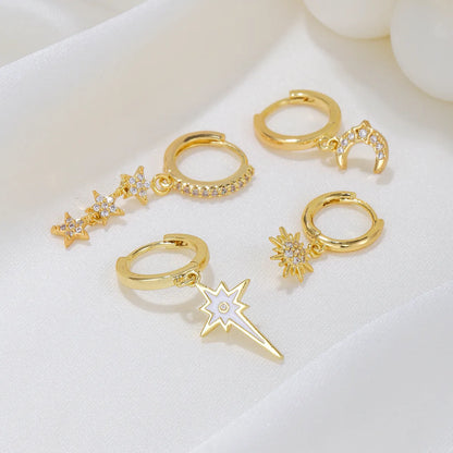 1 Set Cute Sweet Star Moon Plating Inlay Brass Zircon 18k Gold Plated Silver Plated Drop Earrings