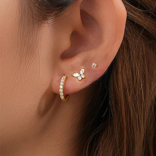 1 Set Ear Cartilage Rings & Studs Retro Simple Style IG Style Butterfly 304 Stainless Steel Inlay Zircon 14K Gold Plated Ear Cartilage Rings & Studs