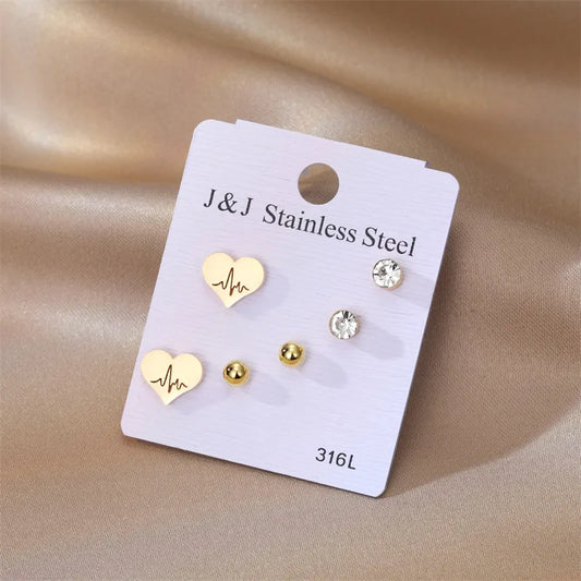 1 Set Elegant Heart Shape Plating Inlay 201 Stainless Steel Rhinestone Iron Zircon Ear Studs