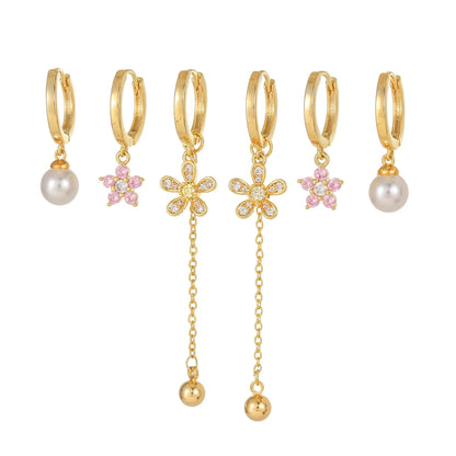 1 Set Elegant Simple Style Tassel Pearl Flower Plating Inlay Brass Zircon 18k Gold Plated Earrings