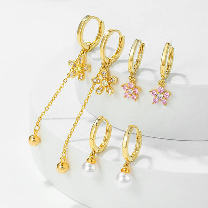 1 Set Elegant Simple Style Tassel Pearl Flower Plating Inlay Brass Zircon 18k Gold Plated Earrings