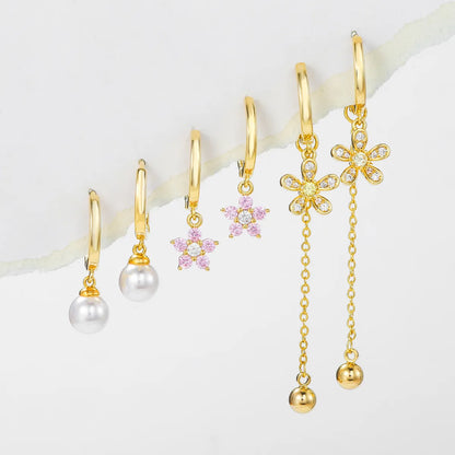 1 Set Elegant Simple Style Tassel Pearl Flower Plating Inlay Brass Zircon 18k Gold Plated Earrings