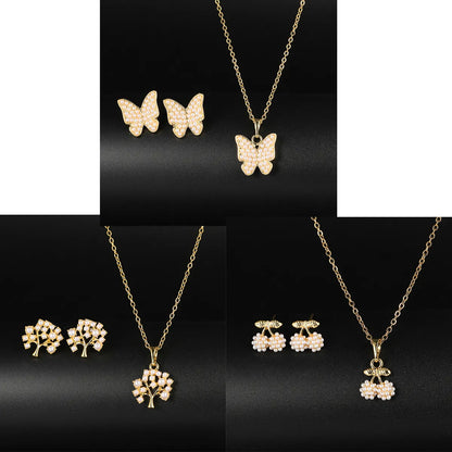 1 Set Elegant Tree Cherry Butterfly Alloy Plating Artificial Pearls 18k Gold Plated Women'S Earrings Necklace