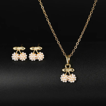 1 Set Elegant Tree Cherry Butterfly Alloy Plating Artificial Pearls 18k Gold Plated Women'S Earrings Necklace