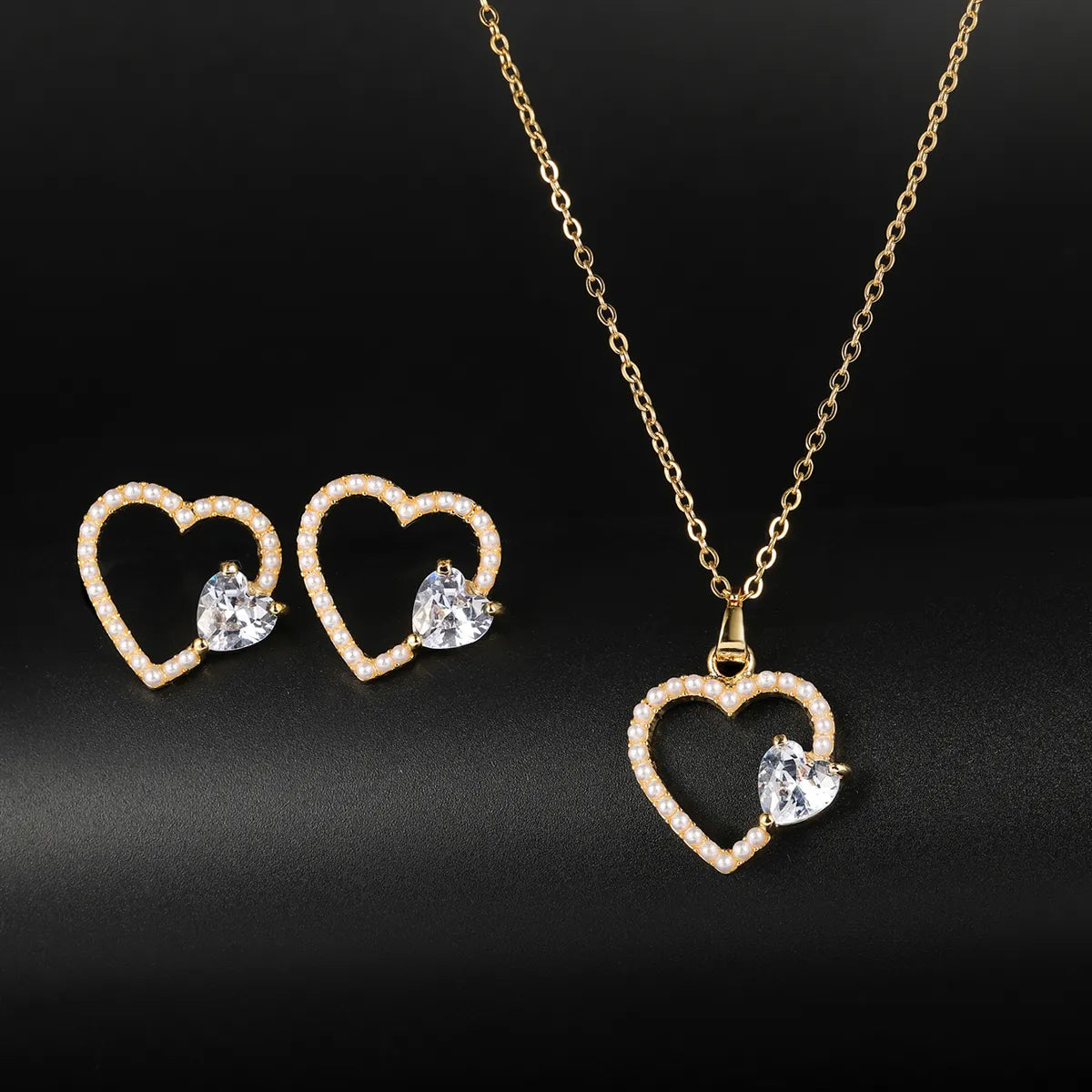 1 Set Fashion Heart Shape Alloy Plating Artificial Pearls Zircon 18k Gold Plated Unisex Earrings Necklace