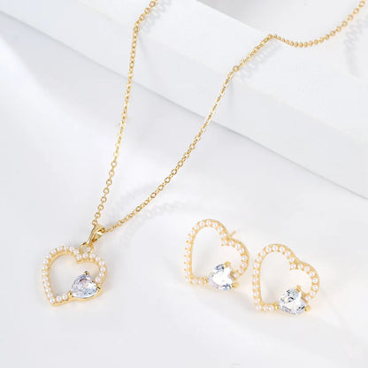 1 Set Fashion Heart Shape Alloy Plating Artificial Pearls Zircon 18k Gold Plated Unisex Earrings Necklace