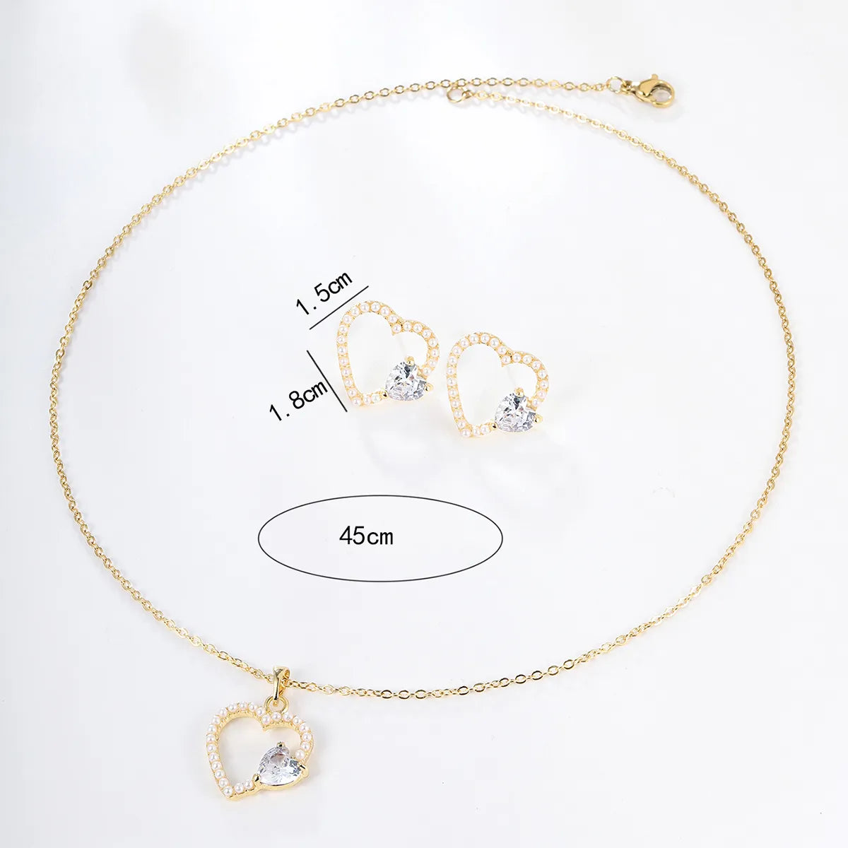 1 Set Fashion Heart Shape Alloy Plating Artificial Pearls Zircon 18k Gold Plated Unisex Earrings Necklace