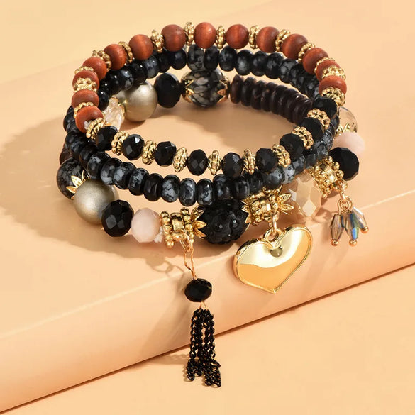 1 Set Fashion Heart Shape Alloy Resin Beaded Tassel Inlay Rhinestones Women'S Bracelets
