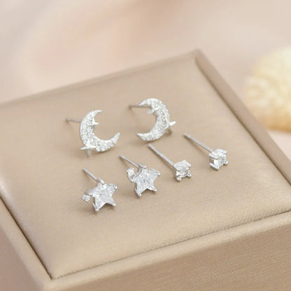 1 Set Fashion Star Moon Copper Inlay Zircon Ear Studs