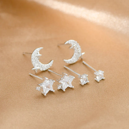 1 Set Fashion Star Moon Copper Inlay Zircon Ear Studs