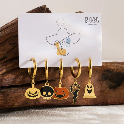 1 Set Gothic Funny Pumpkin Bat Enamel Plating Hollow Out Stainless Steel 14k Gold Plated Drop Earrings