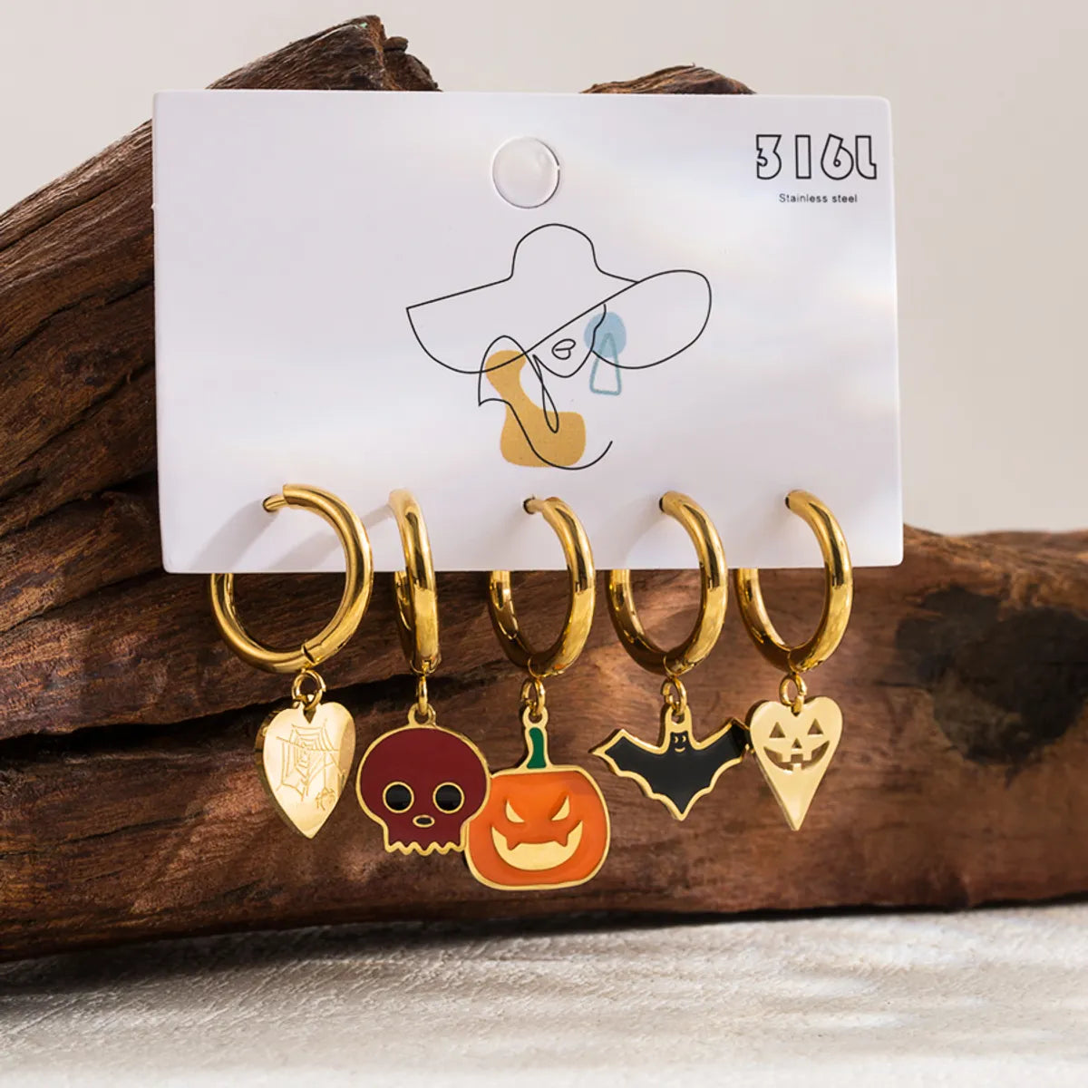 1 Set Gothic Funny Pumpkin Bat Enamel Plating Hollow Out Stainless Steel 14k Gold Plated Drop Earrings