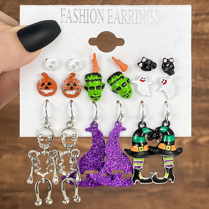 1 Set Hip-Hop Funny Halloween Pattern Pumpkin Spider Web Plating Alloy Drop Earrings Ear Studs