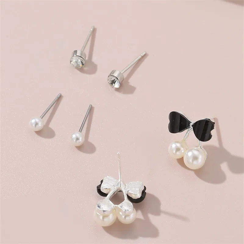 1 Set IG Style Elegant Sweet Heart Shape Flower Bow Knot Inlay Sterling Silver Artificial Pearls Zircon Ear Studs