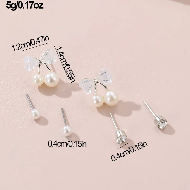 1 Set IG Style Elegant Sweet Heart Shape Flower Bow Knot Inlay Sterling Silver Artificial Pearls Zircon Ear Studs