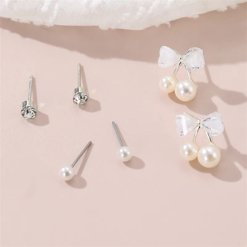 1 Set IG Style Elegant Sweet Heart Shape Flower Bow Knot Inlay Sterling Silver Artificial Pearls Zircon Ear Studs