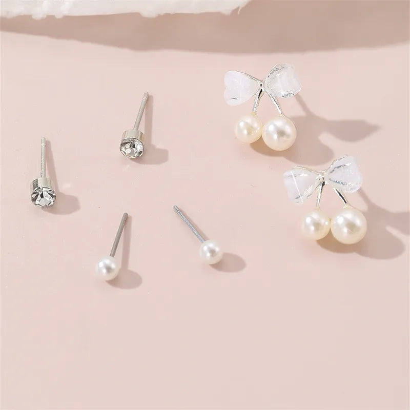 1 Set IG Style Elegant Sweet Heart Shape Flower Bow Knot Inlay Sterling Silver Artificial Pearls Zircon Ear Studs