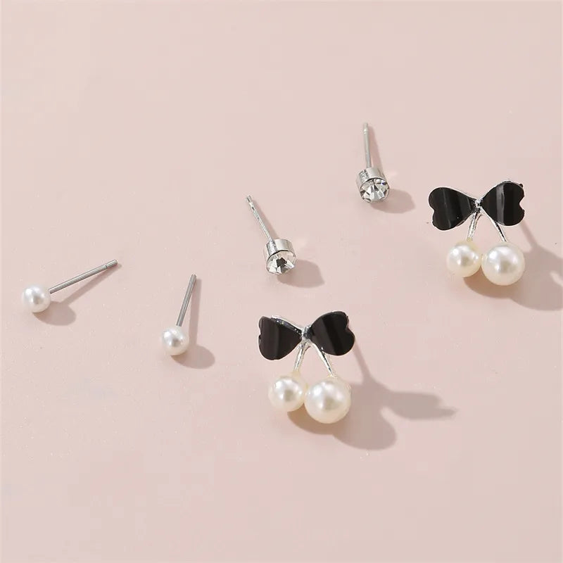 1 Set IG Style Elegant Sweet Heart Shape Flower Bow Knot Inlay Sterling Silver Artificial Pearls Zircon Ear Studs