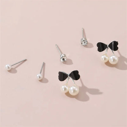 1 Set IG Style Elegant Sweet Heart Shape Flower Bow Knot Inlay Sterling Silver Artificial Pearls Zircon Ear Studs