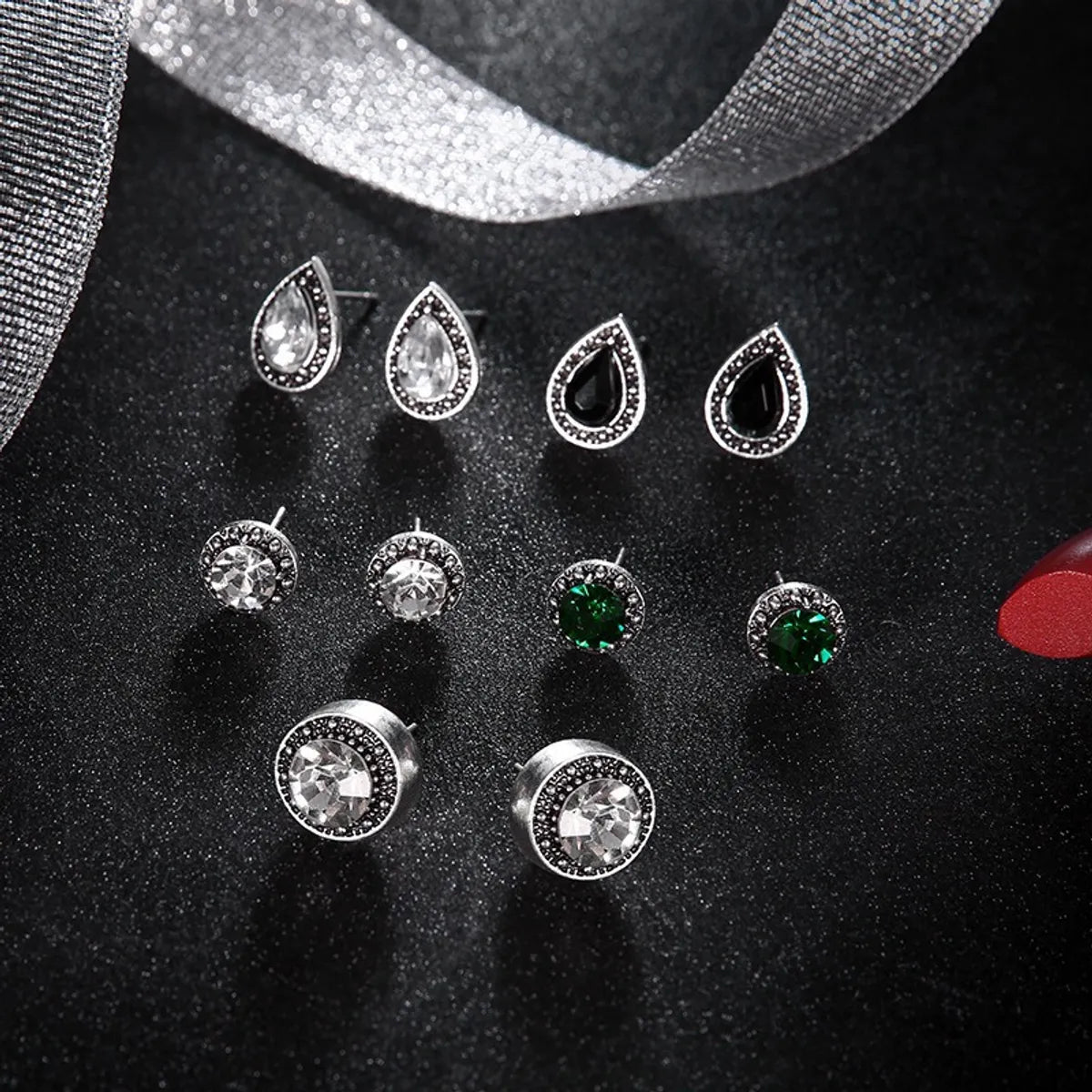 1 Set IG Style Simple Style Round Water Droplets Inlay Alloy Gem Crystal Zircon Ear Studs