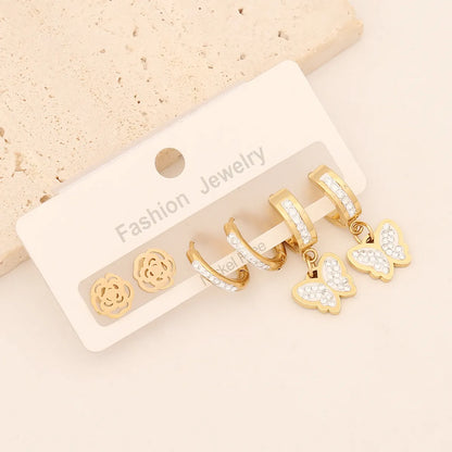 1 Set Lady Commute Letter Star Heart Shape Inlay Stainless Steel Zircon Earrings