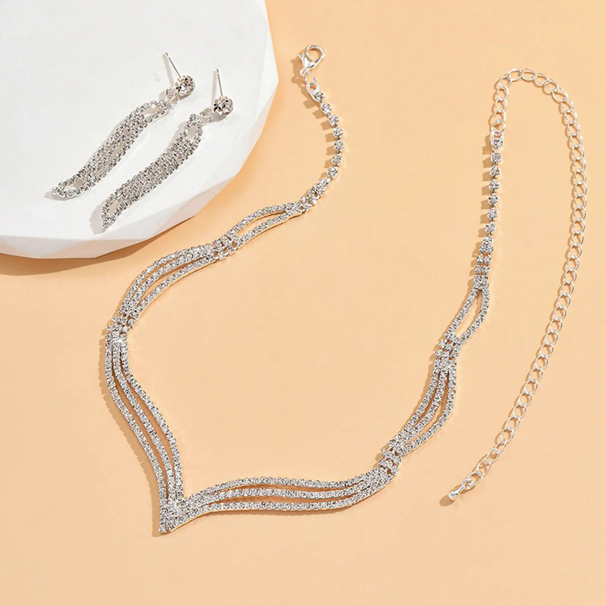 Luxurious Solid Color Rhinestone Plating Silver Plated Jewelry Set